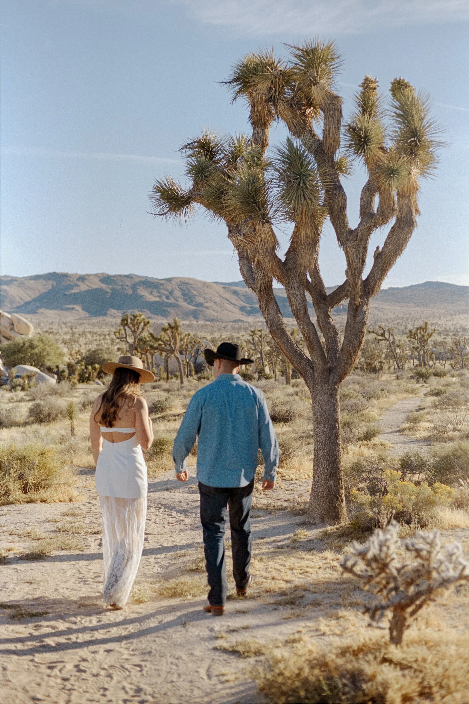 A couple walking through Joshua Tree, photographed on film