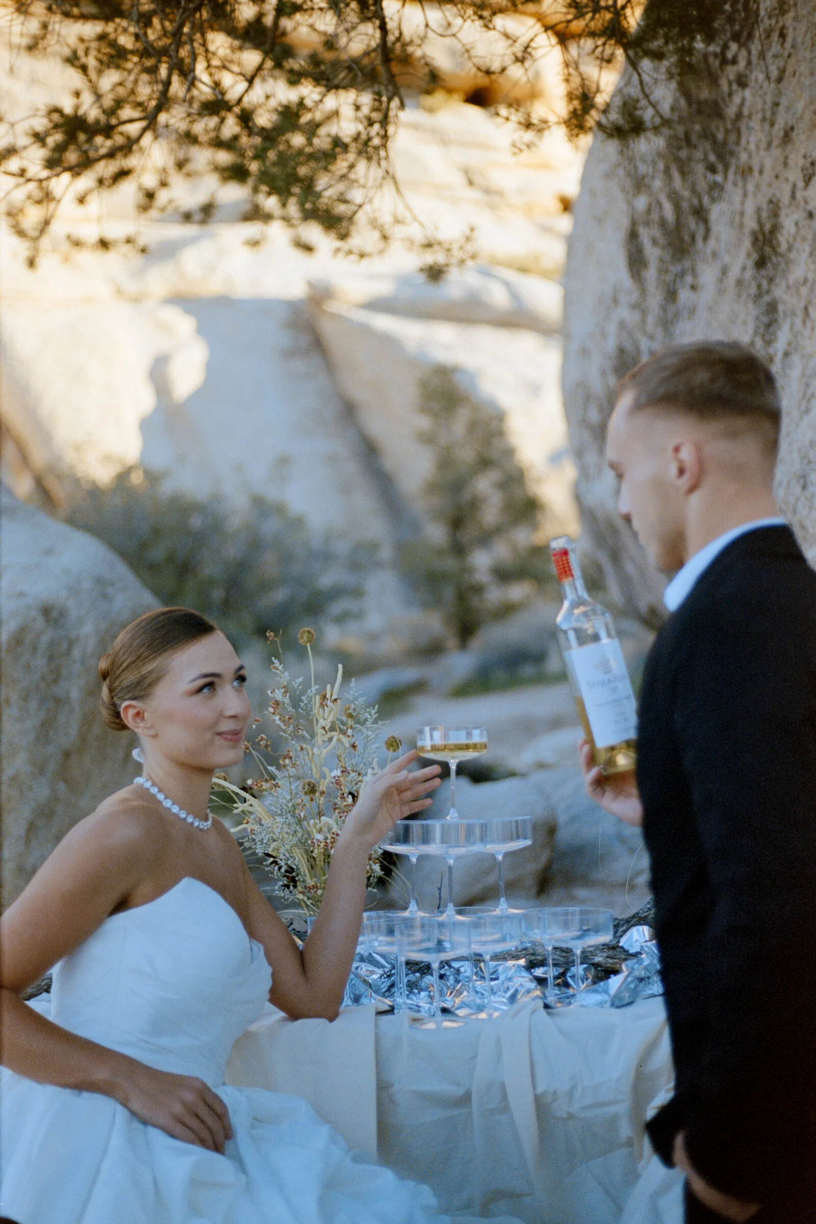 An intimate wedding toast beneath the trees, photographed on film